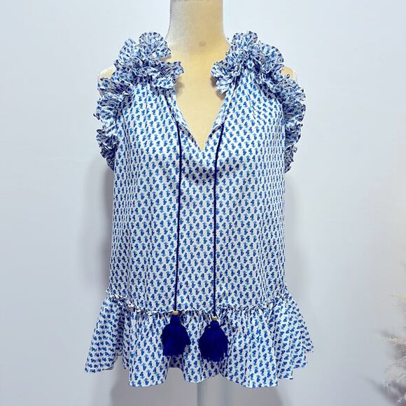 FIGUE Fabiana Ruffle Tassel Print Blouse Size S in Blue - Picture 1 of 10